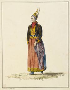 Drawing of an Icelandic woman in her bridal dress, 1772. Creator: Sir Joseph Banks