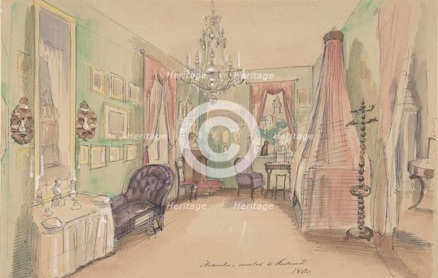 Drawing of an Interior: Bedroom, 1857. Creator: Anon.