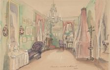 Drawing of an Interior: Bedroom, 1857. Creator: Anon