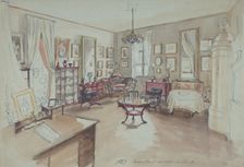 Drawing of an Interior: Chambre à coucher, 1857. Creator: Anon