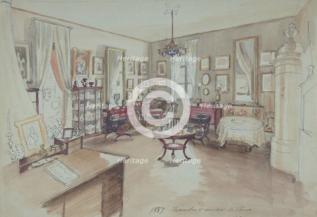 Drawing of an Interior: Chambre à coucher, 1857. Creator: Anon.