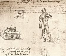 Drawing of plans for a castle, and of a nude figure, washed with Indian ink, c1472-c1519 (1883). Artist: Leonardo da Vinci
