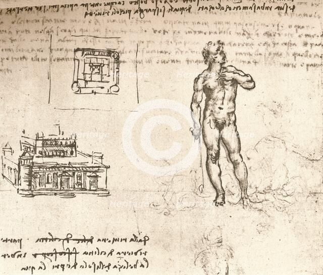Drawing of plans for a castle, and of a nude figure, washed with Indian ink, c1472-c1519 (1883). Artist: Leonardo da Vinci.