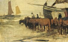 Draught horses pulling a fishing boat into the sea, 1870-1888. Creator: Anton Mauve