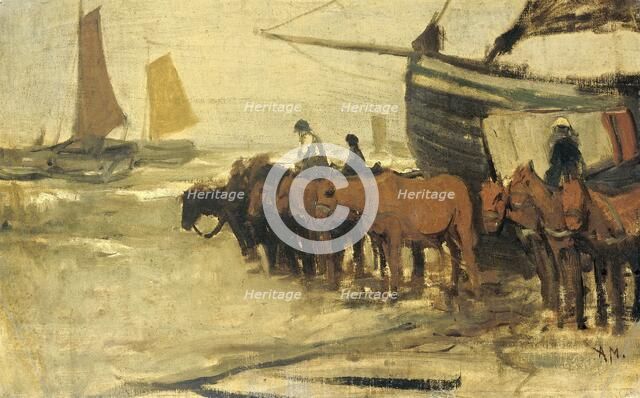 Draught horses pulling a fishing boat into the sea, 1870-1888. Creator: Anton Mauve.