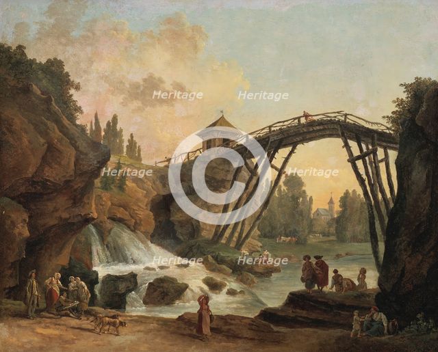 Draughtsman Drawing the Wooden Bridge in the Park of Méréville, late 18th-early 19th century. Creator: Hubert Robert.