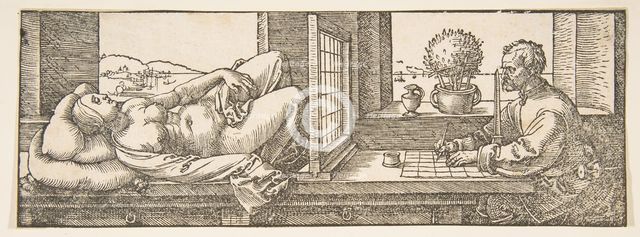 Draughtsman Making a Perspective Drawing of a Reclining Woman, ca. 1600. Creator: Albrecht Durer.