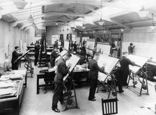 Draughtsmen in the drawing office, Vauxhall Motors, Luton, 1930