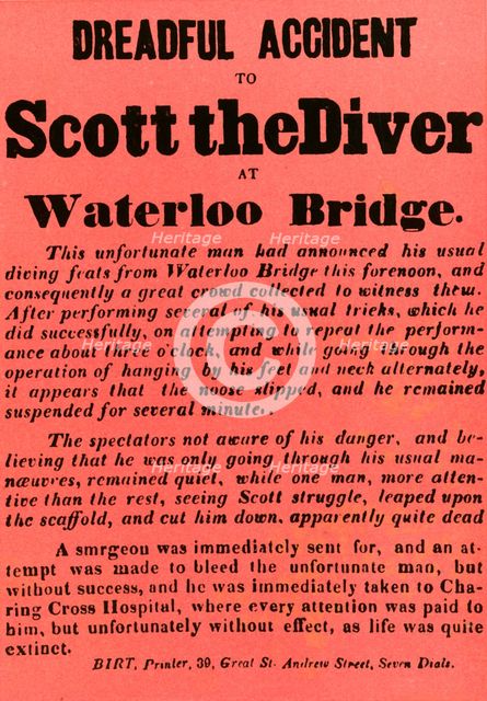 'Dreadful Accident to Scott the Diver at Waterloo Bridge', 1841, (1948).  Creator: Unknown.