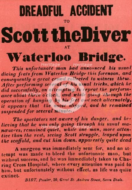 'Dreadful Accident to Scott the Diver at Waterloo Bridge', 1841, (1948).  Creator: Unknown.
