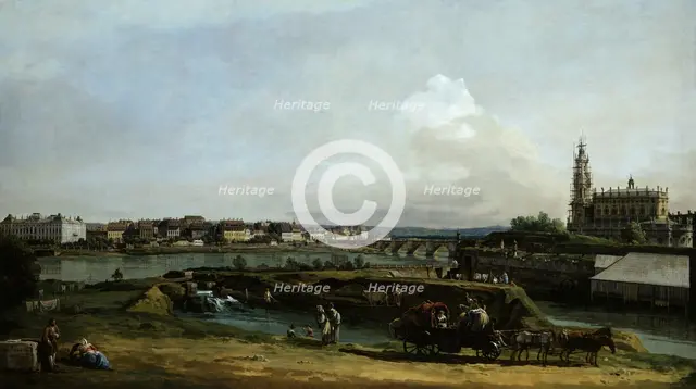 Dresden seen from the left bank of the Elbe river, below the fortifications, 1748.