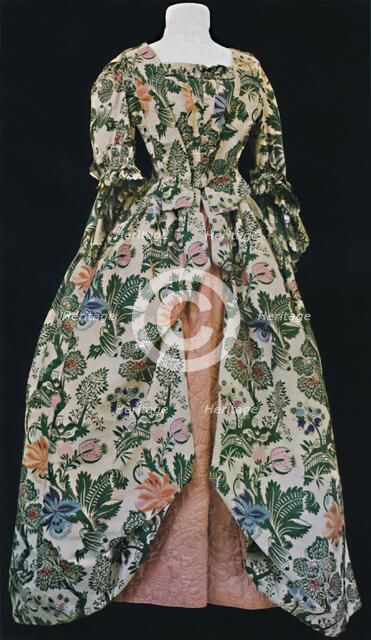 'Dress of Spitalfields silk, with pink satin quilted petticoat. Second half of eighteenth century',  Artist: Unknown.