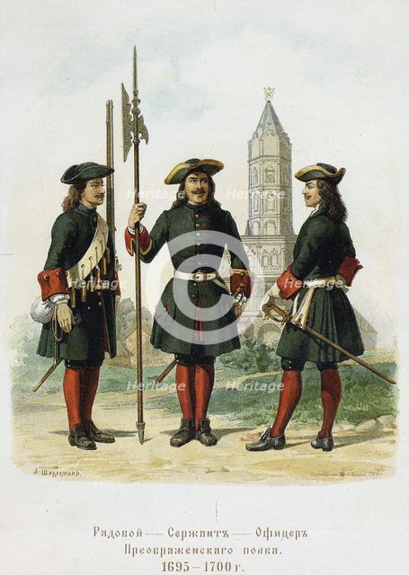Dress uniforms of the Preobrazhensky Regiment in 1695-1700, 1901-1904. Artist: Charlemagne, Adolf (1826-1901)