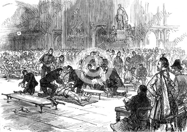 Drill of volunteer ambulance corps at Guildhall, 1880. Creator: Unknown.