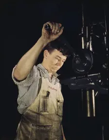 Drill press operator, Allegheny Ludlum Steel[e] Corp., Brackenridge, Pa., 1941?. Creator: Alfred T Palmer