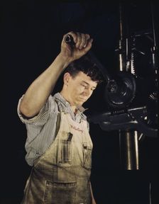Drill press operator, Allegheny Ludlum Steel[e] Corp., Brackenridge, Pa., 1941?. Creator: Alfred T Palmer