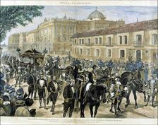 Driving the corpse of Queen Maria of Mercedes Orleans to the North Station Juan Camba drawing, e…