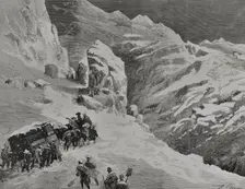 Driving the mail wagon pulled by horses during a snowstorm, Puerto de Pajares, Spain, 1878. Creator: Bernardo Rico