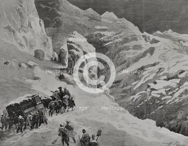 Driving the mail wagon pulled by horses during a snowstorm, Puerto de Pajares, Spain, 1878.  Creator: Bernardo Rico.