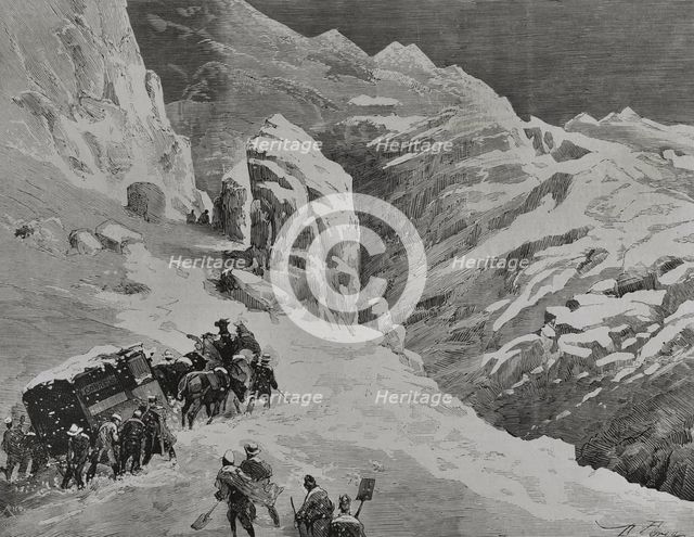Driving the mail wagon pulled by horses during a snowstorm, Puerto de Pajares, Spain, 1878.  Creator: Bernardo Rico.