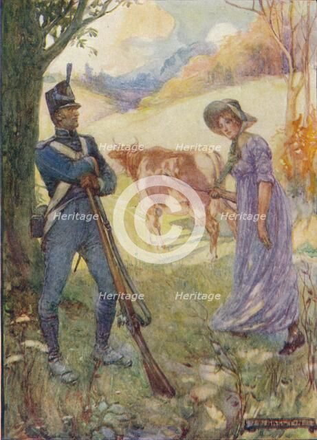 'Driving A Cow Before Her, Laura Secord Passed The American Sentries', c1909, (c1920). Artist: Joseph Ratcliffe Skelton.