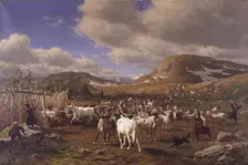 Driving a reindeer herd to milking, high mountains north of Roros, 1875. Creator: Carl Henrik Bogh