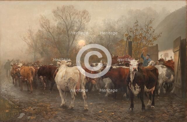 Driving Cows out of the Cowhouse, 1885. Creator: Otto Bache.