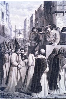 Driving prisoners sentenced by the Court of the Inquisition to an auto-da-fe, 1610, etching, 1860