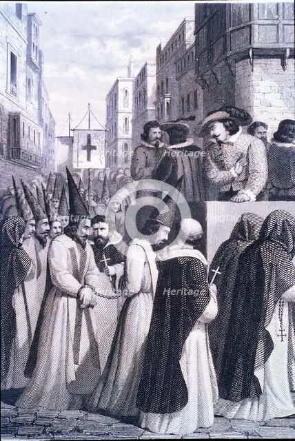 Driving prisoners sentenced by the Court of the Inquisition to an auto-da-fe, 1610, etching, 1860.