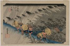 Driving Rain at Shono (Station 46) from the series Fifty-Three Stations of the Tokaido, 1833. Creator: Ando Hiroshige (Japanese, 1797-1858)