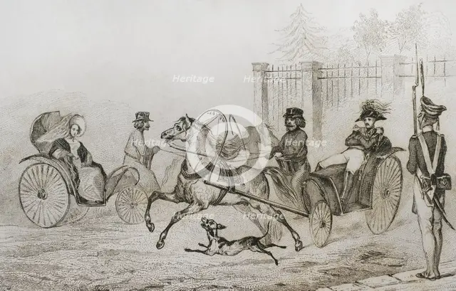 Droschki, Russia; small Russian carriage, 1839. Creator: Augustin François Lemaitre.