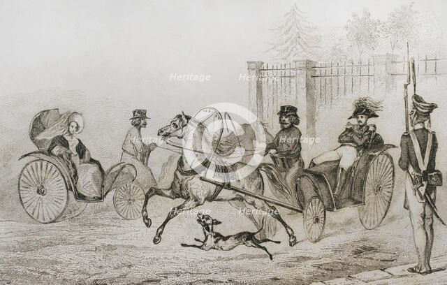 Droschki, Russia; small Russian carriage, 1839. Creator: Augustin François Lemaitre.