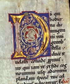 Drop cap D illuminated with heads of birds and vegetables interlacing in the Sacramentary of S…