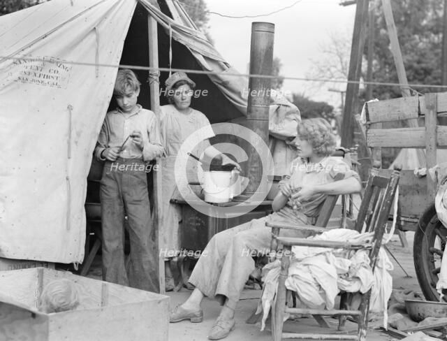 Drought refugees from Texas encamped in California near Exeter, 1936. Creator: Dorothea Lange.