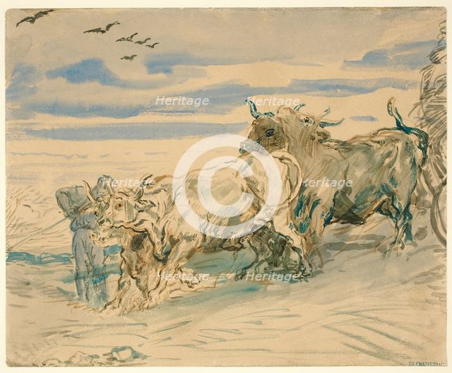 Drover with Oxen Pulling a Cart, 1840/41. Creator: Theodore Chasseriau.