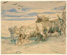 Drover with Oxen Pulling a Cart, 1840/41. Creator: Theodore Chasseriau