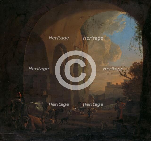 Drovers with Cattle under an Arch of the Colosseum in Rome, 1640-1652. Creator: Jan Asselijin.