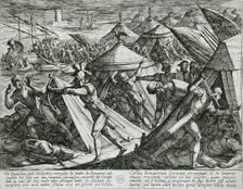 Dutch and Germans Attack the Roman Camp and Capture Cerialis Boat, Publshed 1612. Creator: Antonio Tempesta