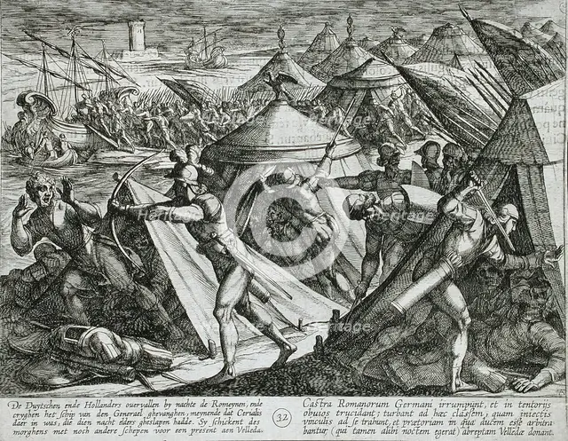 Dutch and Germans Attack the Roman Camp and Capture Cerialis' Boat, Publshed 1612. Creator: Antonio Tempesta.