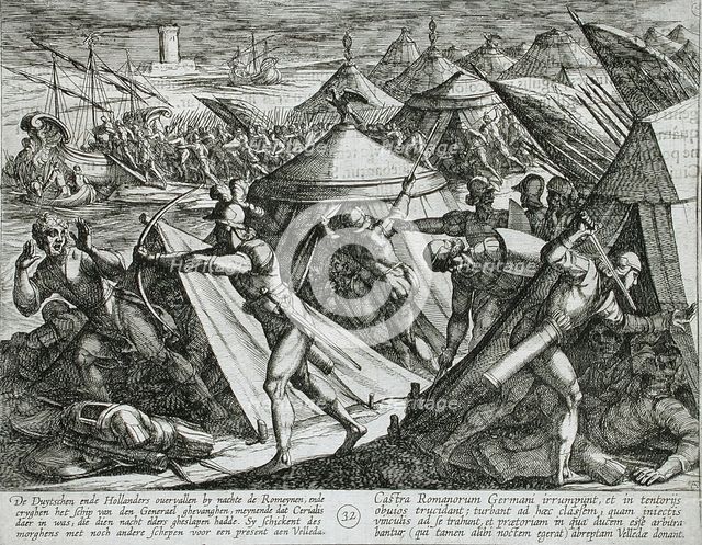 Dutch and Germans Attack the Roman Camp and Capture Cerialis' Boat, Publshed 1612. Creator: Antonio Tempesta.