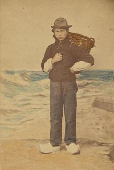 Dutch boy in front of painted sea background, 1865-1875. Creator: Willem Frederik Vinkenbos