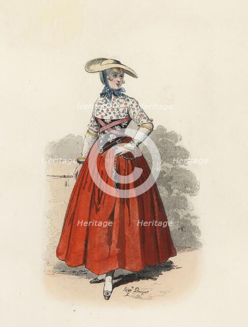 Dutch gardener woman, color engraving 1870.