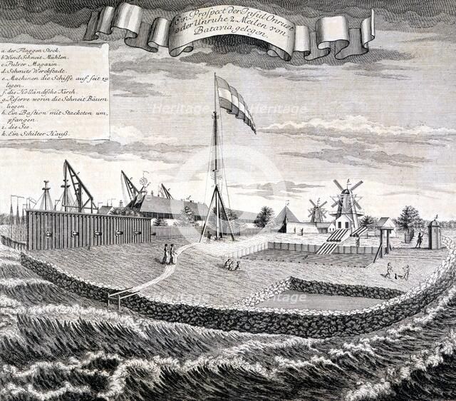 Dutch East India Company wood or saw mill on the island two miles from Batavia ?, pub. 1744. Creator: Johann Wolfgang Heydt (fl. 1738).