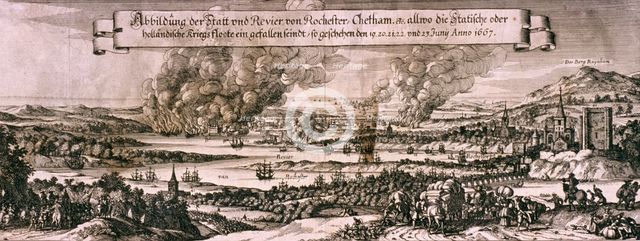 Dutch fleet sailing up the Medway River to bombard Chatham and Rochester in 1667, c1667. Artist: Anon