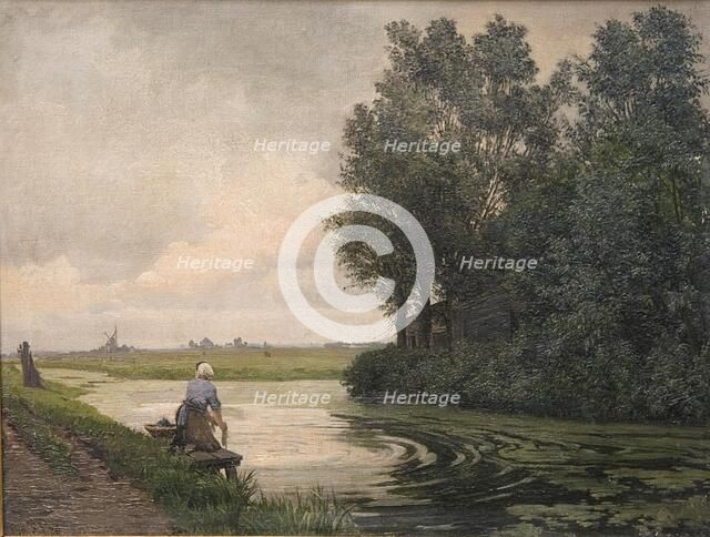 Dutch landscape; a girl washes by a canal, 1876. Creator: Edvard Frederik Petersen.