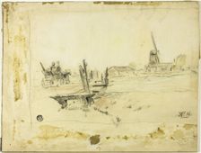 Dutch Landscape: Horse and Wagon Crossing Bridge Towards Windmill, n.d. Creator: Possibly Anton Mauve Dutch, 1838-1888
