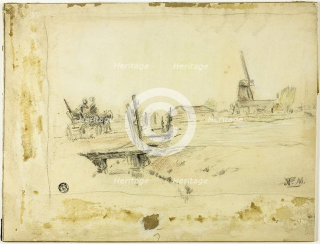 Dutch Landscape: Horse and Wagon Crossing Bridge Towards Windmill, n.d. Creator: Possibly Anton Mauve Dutch, 1838-1888.