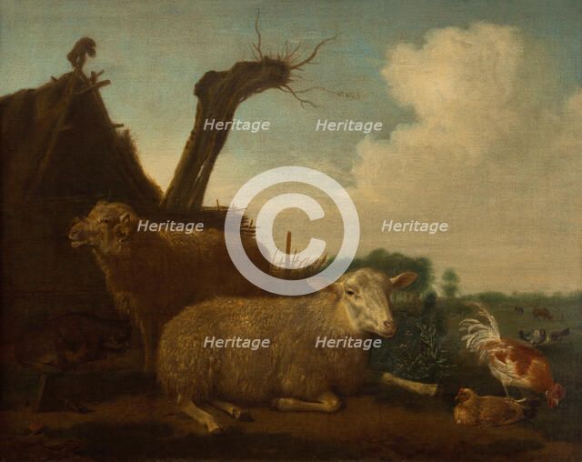 Dutch landscape with sheep, ram, goat, and poulty in front of a hut, 1658. Creator: Unknown.