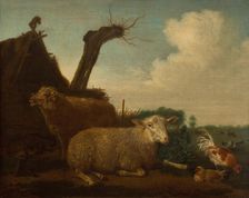 Dutch landscape with sheep, ram, goat, and poulty in front of a hut, 1658. Creator: Unknown