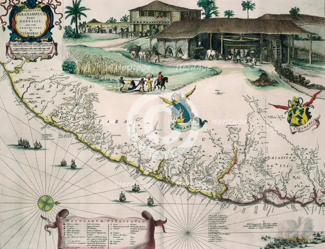 Dutch map of Brazil, with view of a sugar plantation, c1720. Creator: Unknown.